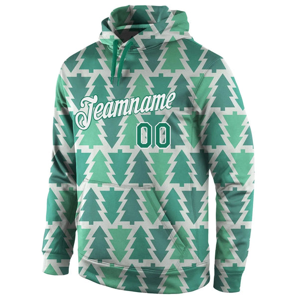 Kelly Green White Geometric Holiday Sweatshirt, Custom Christmas Tree Pullover Hoodie, Personalized Name Number Xmas Sports H