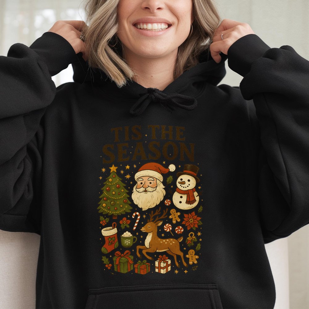 Retro Santa and Snowman Hoodie, Tis the Season Christmas Hoodie, Vintage Holiday Graphic Hooded Sweatshirt, Comfy Winter Pull