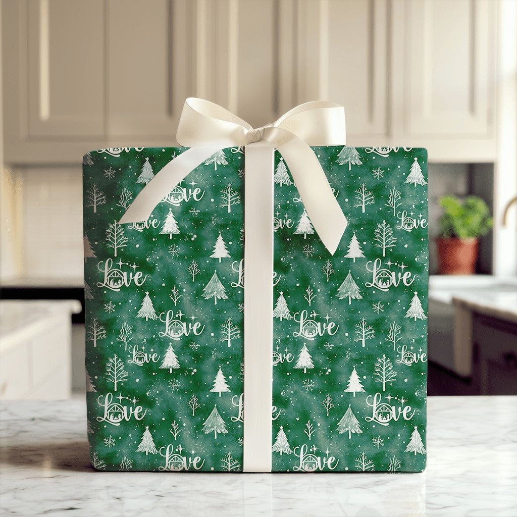 Holy Family Holiday Gift Wrap, Nativity Love Christmas Wrapping Paper, Emerald Green Christian Paper, Winter Snowflake Presen