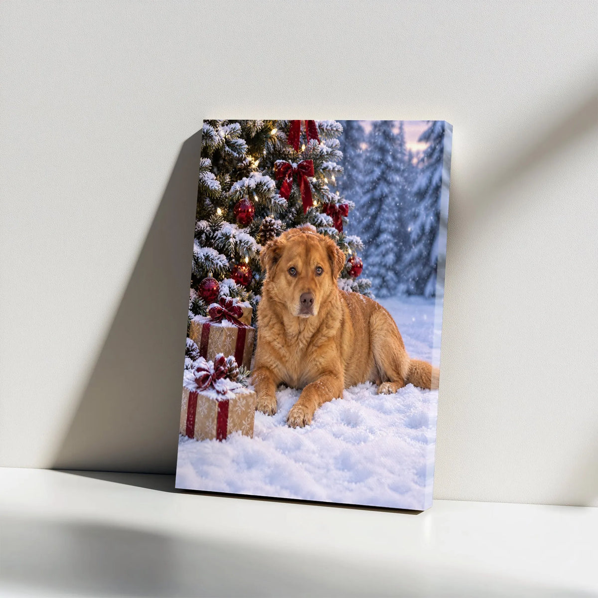 Holiday Dog Wall Art, Golden Retriever Christmas Canvas, Snowy Christmas Tree Dog Print, Festive Pet Lover Canvas Art, Winter