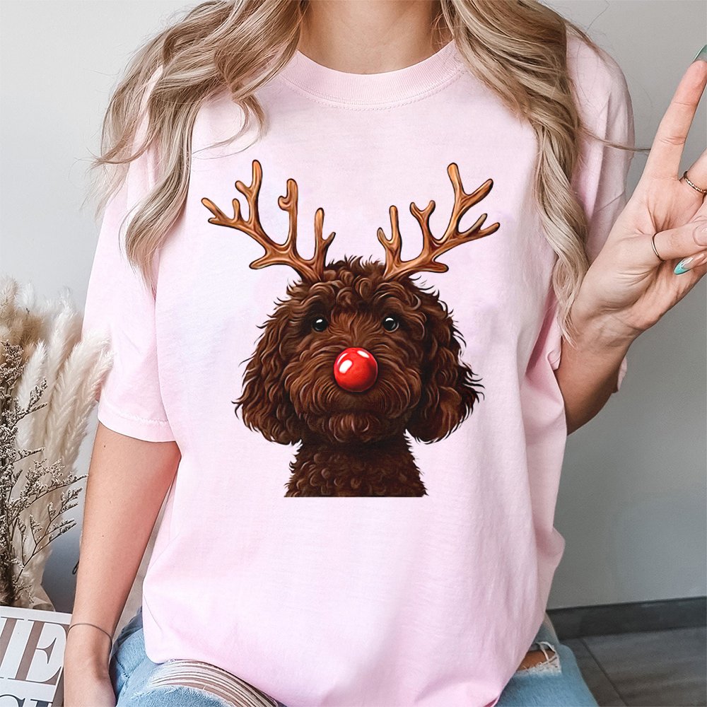 Humorous Holiday Dog Shirt, Chocolate Doodle Reindeer T-Shirt, Labradoodle Christmas Tee, Adorable Pet Lover Graphic T-Shirt,
