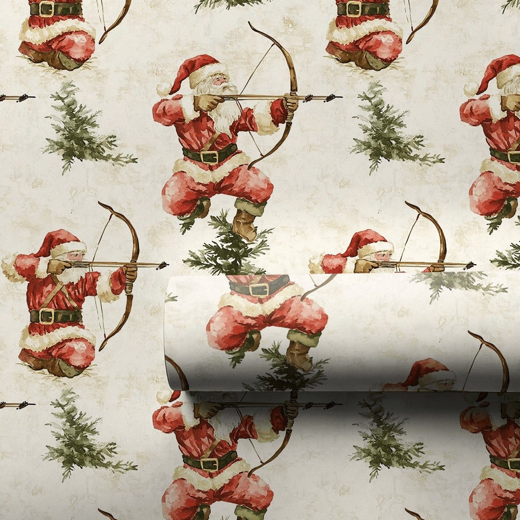 Watercolor Bow and Arrow Santa Gift Wrap, Santa Archer Wrapping Paper, Hunter Santa Christmas Wrapping Paper, Archery Holiday