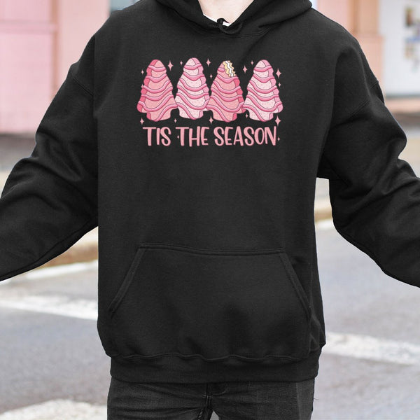 Tis the Season Sweatshirt, Pink Christmas Tree Cake Hoodie, Retro Holiday Cake Pullover, Comfy Xmas Hooded Sweater Present fo