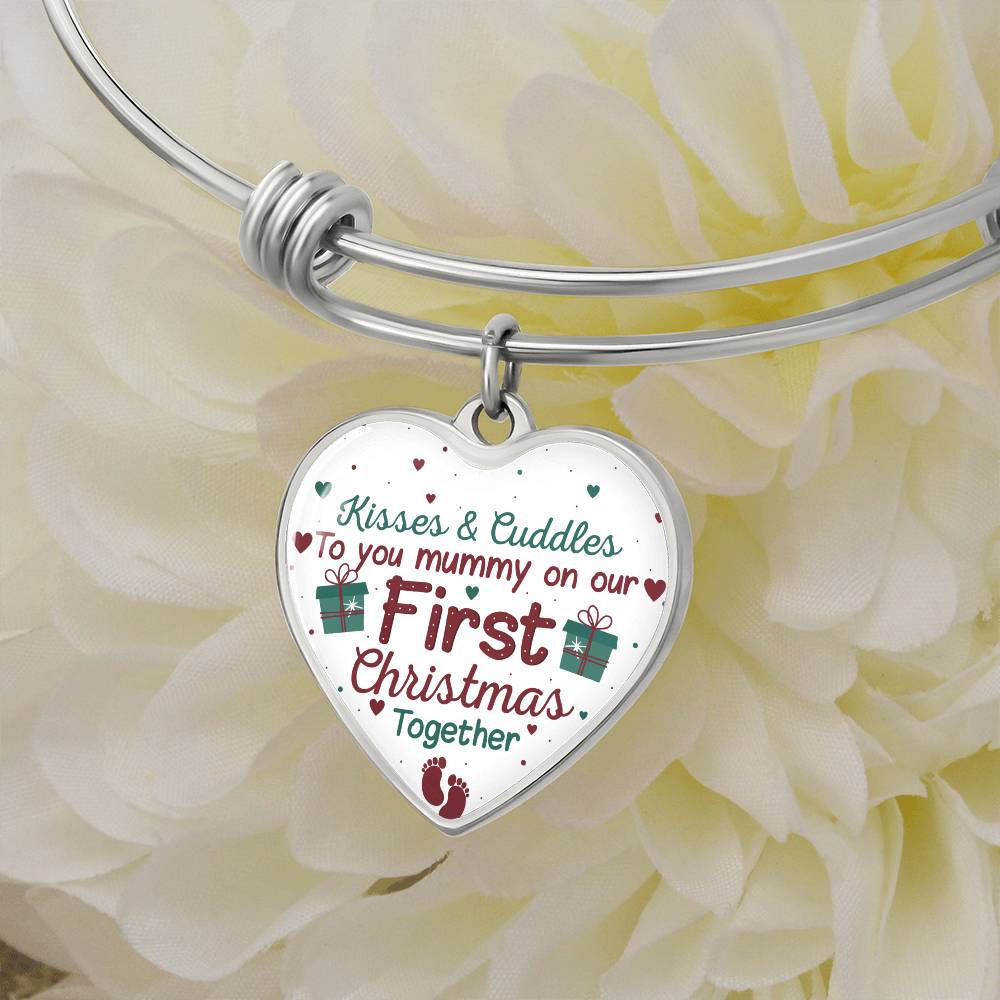 Mummy Keepsake Bracelet, First Christmas Heart Bangle, Silver Tone New Mom Charm Bracelet, Holiday Season Keepsake Present fo