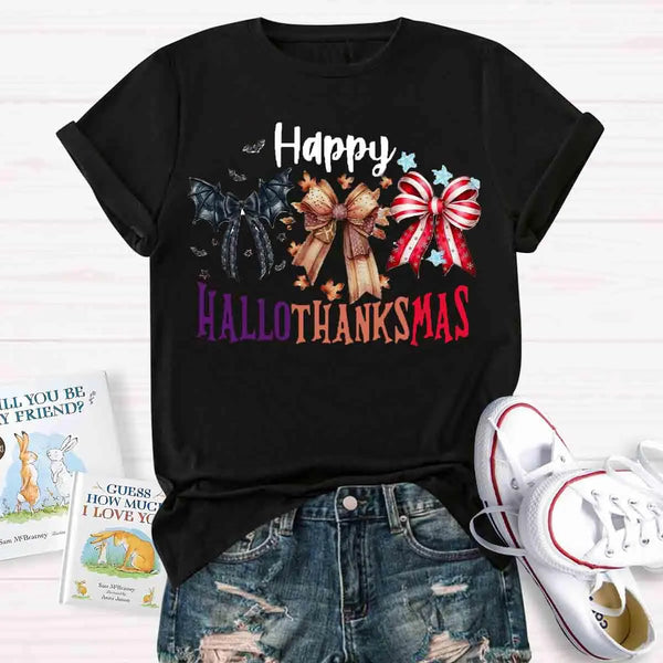 Halloween Thanksgiving Christmas Shirt, Happy Hallothanksmas Bow T-Shirt, Humorous Fall Holiday Mashup Graphic Tee, Autumn Co