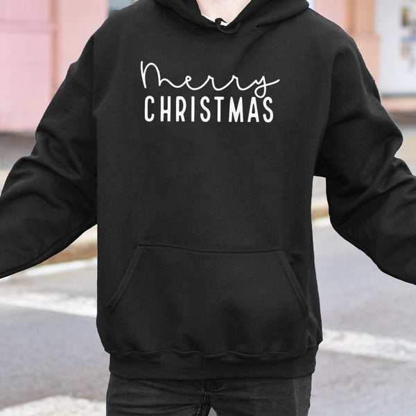 Minimalist Script Xmas Hooded Sweatshirt, Merry Christmas Hoodie, Comfy Holiday Season Pullover, Winter Aesthetic Present for