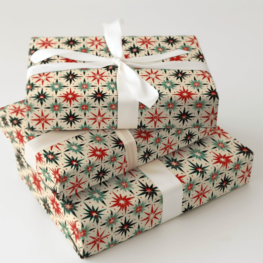 Retro Starburst Gift Wrap, Mid-Century Modern Wrapping Paper, Atomic Star Holiday Wrapping Paper, Vintage Christmas Gift Wrap