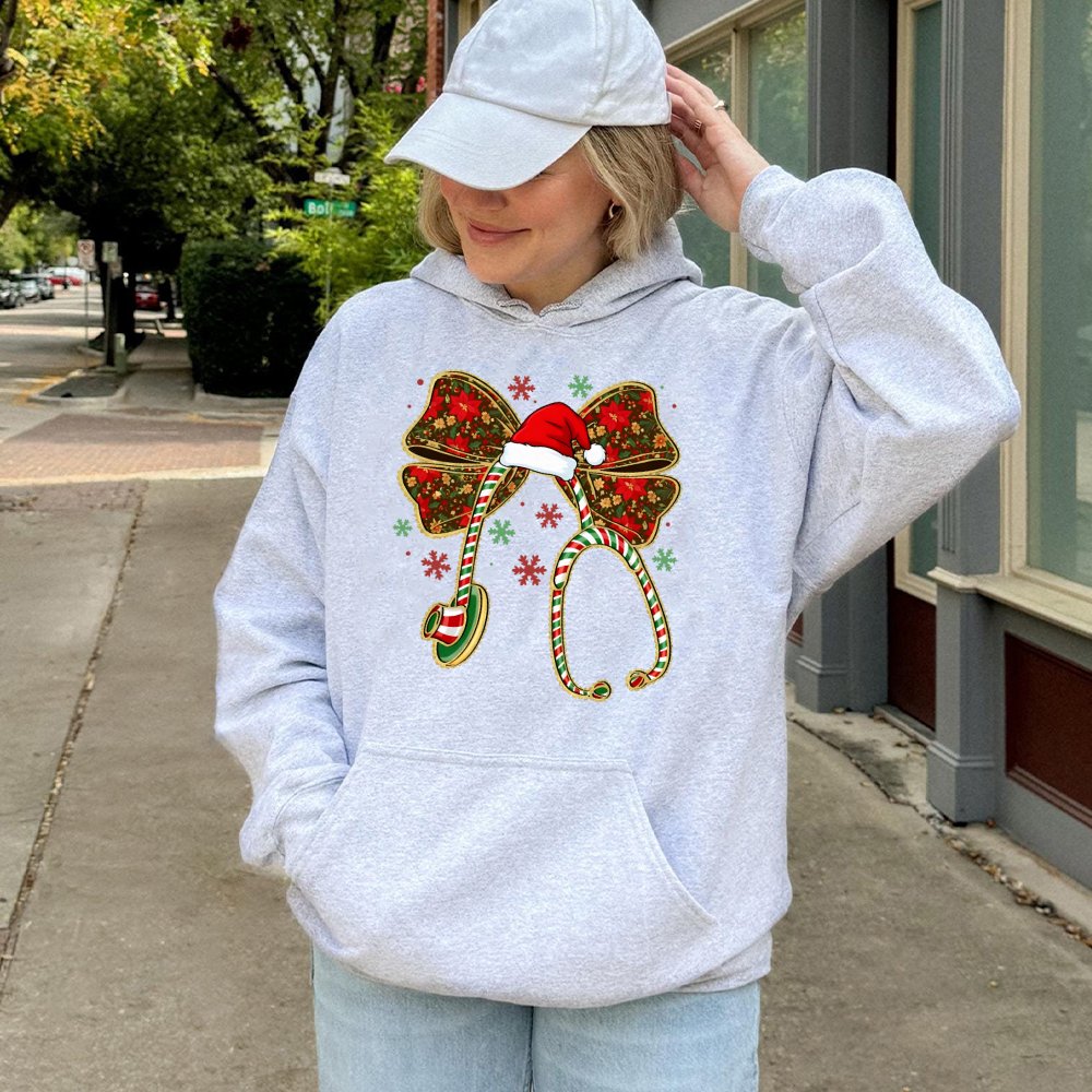 Candy Cane Stethoscope Bow Sweatshirt, Christmas Nurse Hoodie, Holiday RN Nursing Pullover, Festive Nursing Student Hooded Sw