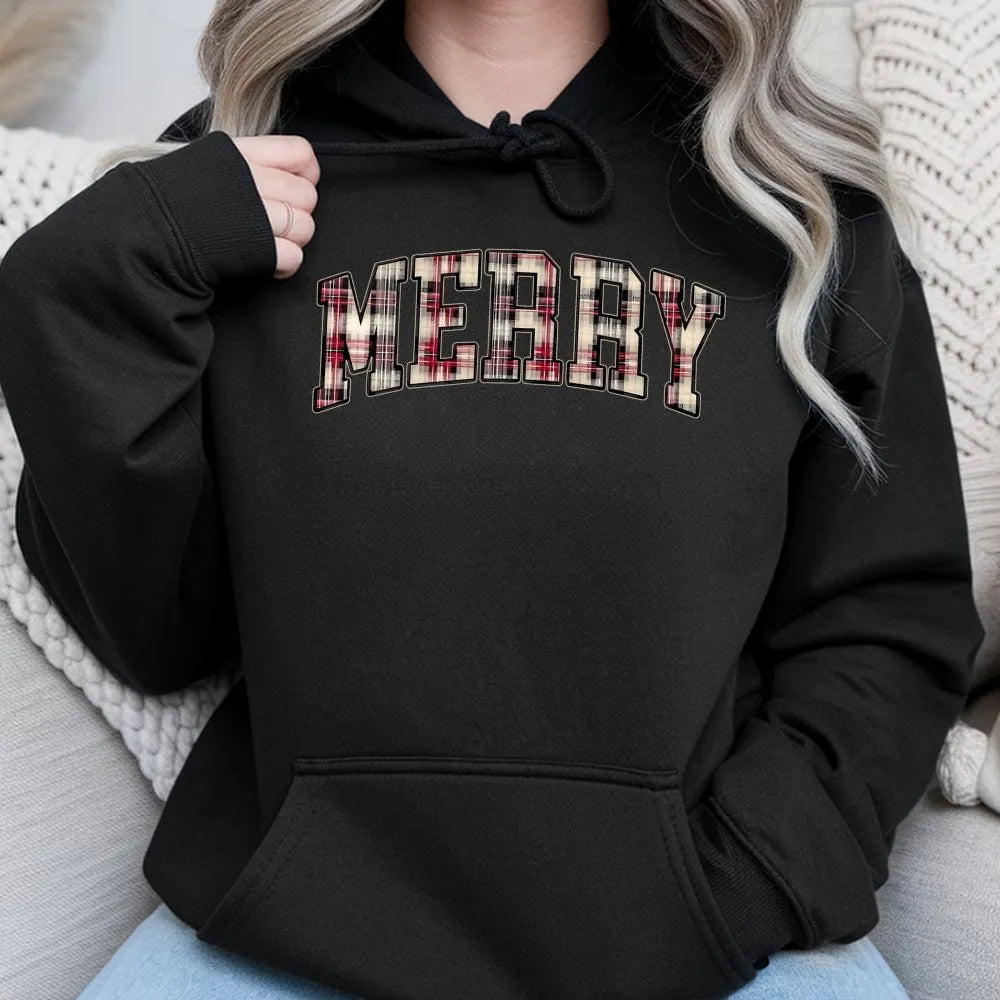 Plaid Varsity Lettering Christmas Hoodie, Merry Christmas Hoodie, Retro Holiday Hoodie, Comfy Winter Graphic Sweatshirt, Pres