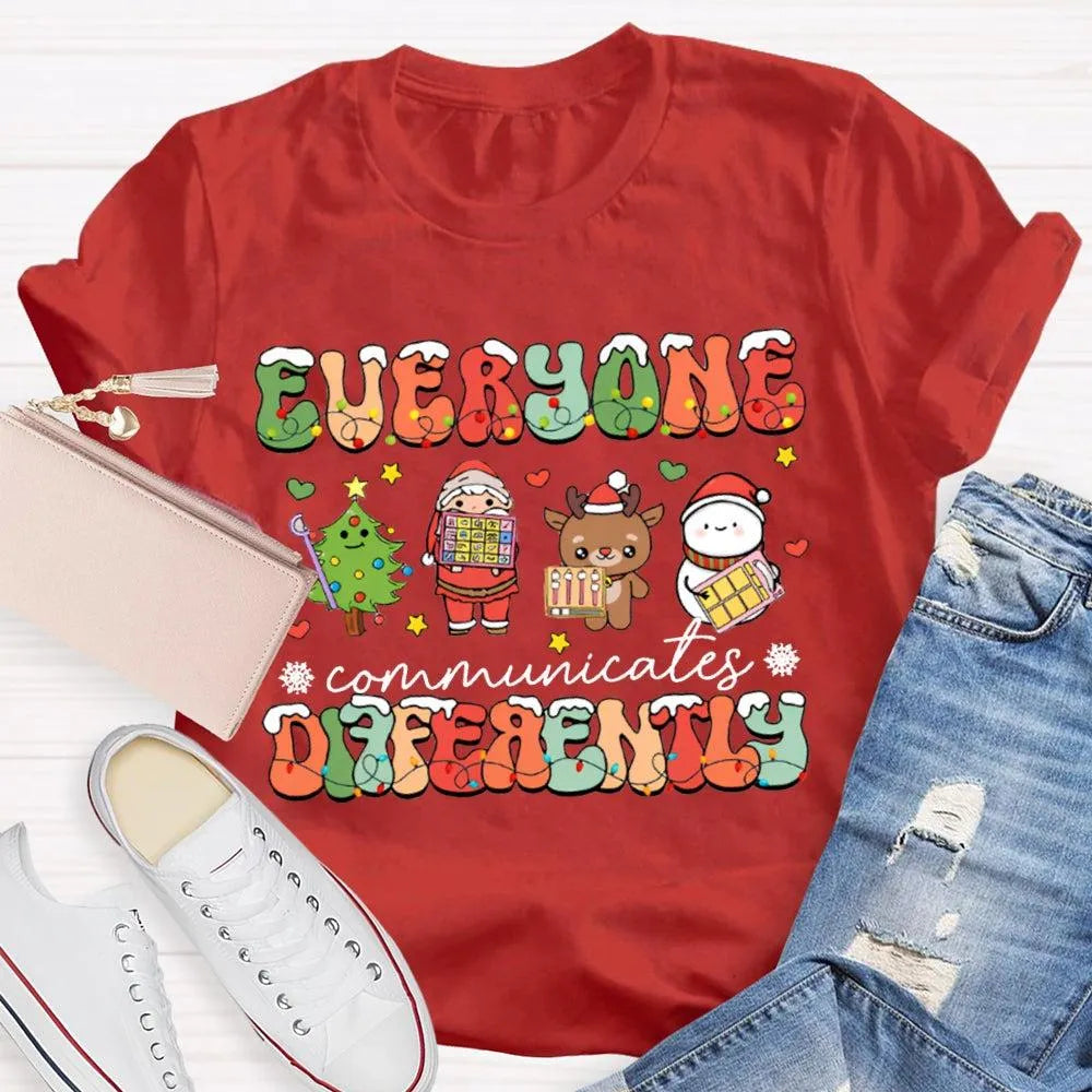 Festive Lights Neurodiversity Tee, Everyone Communicates Differently Christmas Shirt, SPED Teacher Holiday T-Shirt, ASL Xmas 