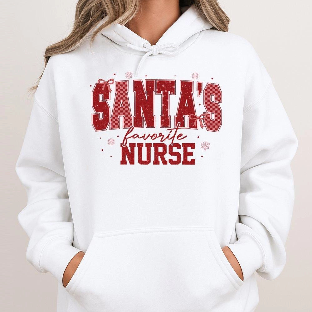 Festive Plaid Christmas Nurse Sweatshirt, Santa's Favorite Nurse Hoodie, Adorable RN Holiday Hooded Pullover, Humorous Nurse 