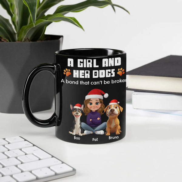 Adorable Cartoon Girl and Dogs Christmas Mug, Custom Dog Mom Ceramic Mug, Personalized Pet Lover Holiday Coffee Cup, Xmas Pre