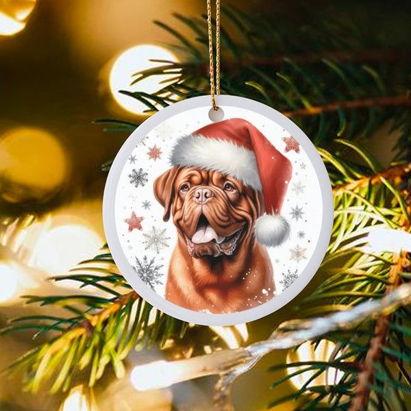 Santa Hat Dog Ceramic Ornament, Dogue de Bordeaux Christmas Ornament, Festive Puppy Holiday Ornament, French Mastiff Pet Love
