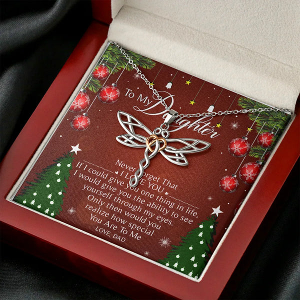 Two-Tone Stainless Steel Heart Necklace, Dragonfly Pendant Necklace, Sentimental Daughter Jewelry, Christmas Keepsake Present