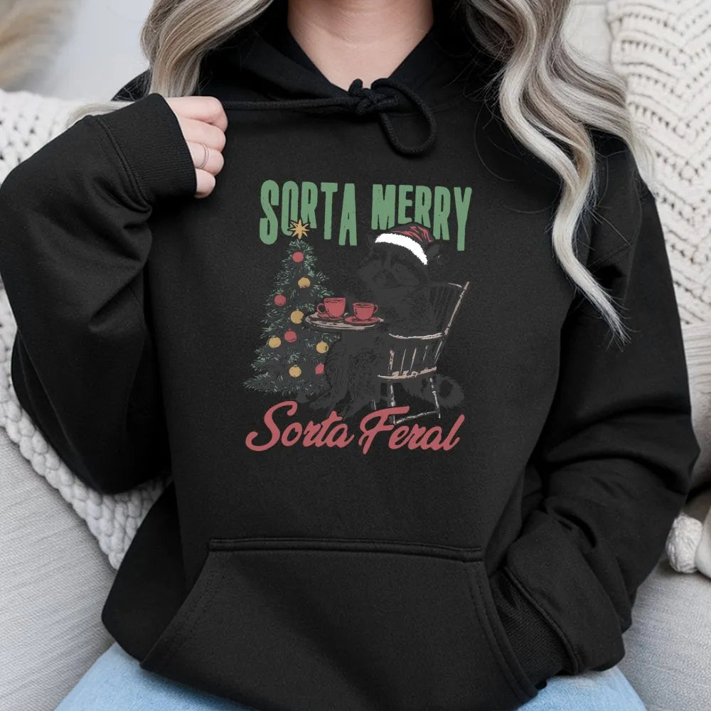 Humorous Christmas Raccoon Hooded Sweatshirt, Sorta Merry Sorta Feral Raccoon Hoodie, Adorable Xmas Animal Pullover, Wildlife