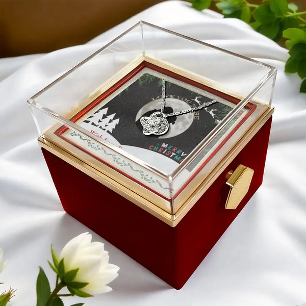 Holiday CZ Crystal Love Knot Pendant, Christmas Love Knot Necklace, Rotating Rose Box Knot Jewelry, Romantic Present for Wife