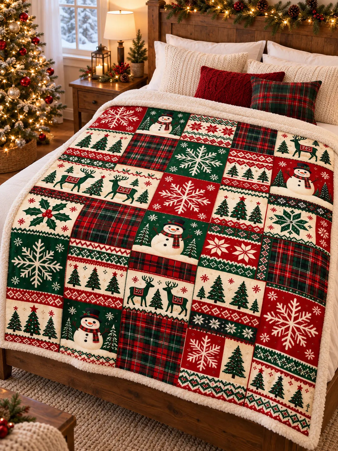 Buffalo Plaid Sherpa Throw Blanket, Snowman Patchwork Christmas Blanket, Reindeer Pine Tree Holiday Blanket, Comfy Cabin Chri