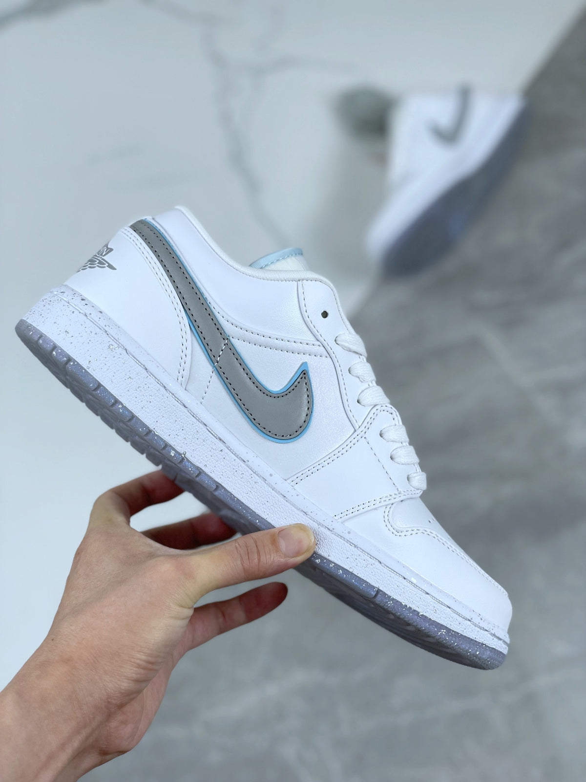 Low Top Sneakers, White Silver Colorway, Reflective Detail, Lace Up Design, Casual Gift for Sneaker Fans