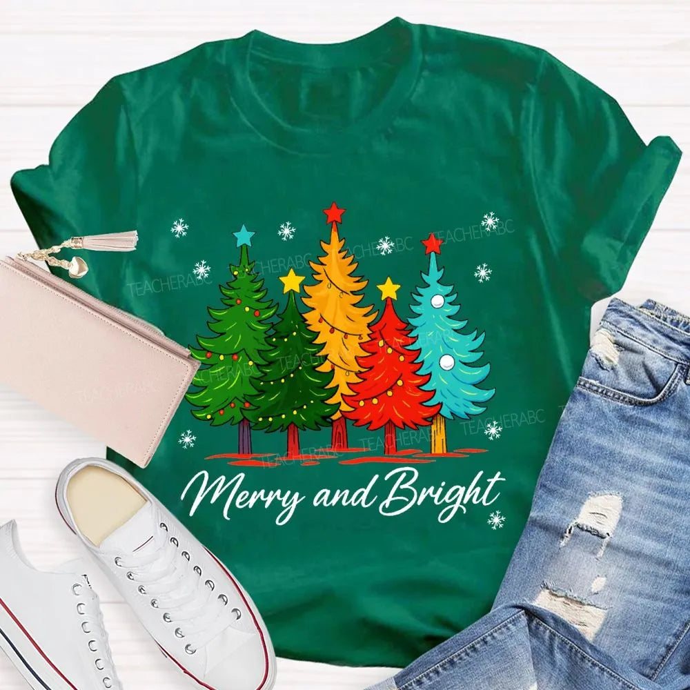 Colorful Holiday Graphic Tee, Merry and Bright Christmas Tree T-Shirt, Festive Xmas Tree Shirt, Retro Christmas Tee, Holiday 