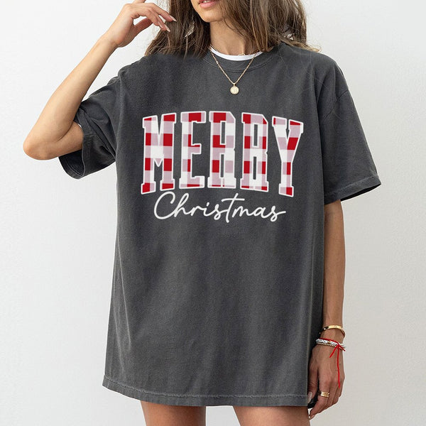 Retro Holiday Plaid Graphic Tee, Buffalo Plaid Merry Christmas T-Shirt, Festive Winter Season Shirt, Adorable Xmas Buffalo Ch