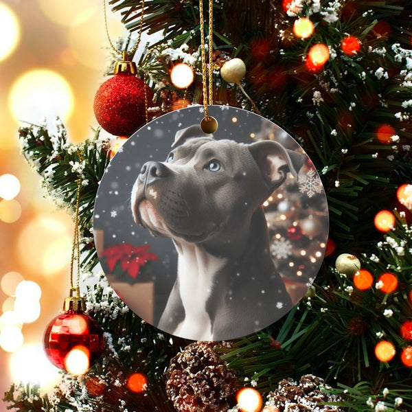 Pitbull Dog Holiday Ornament, Grey Pitbull Christmas Ornament, Winter Pitbull Ceramic Ornament, Pet Keepsake Decor, Dog Lover