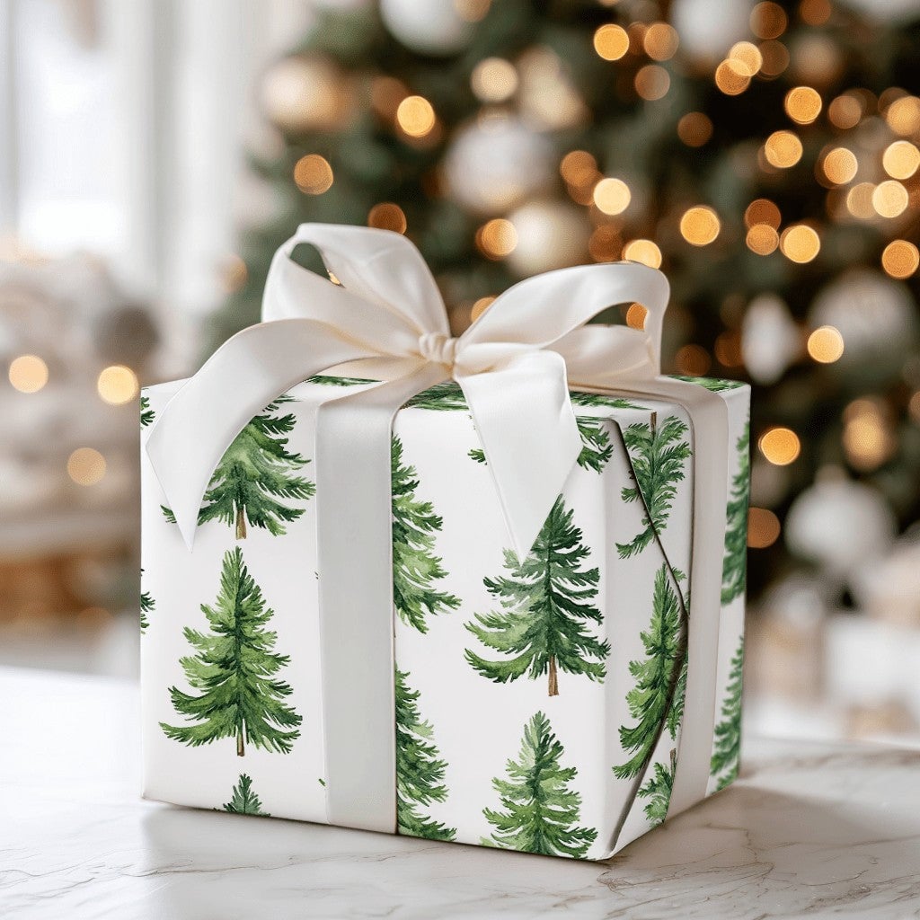 Rustic Woodland Gift Wrap, Watercolor Pine Tree Wrapping Paper, Evergreen Forest Wrapping Paper, Winter Holiday Christmas Gif