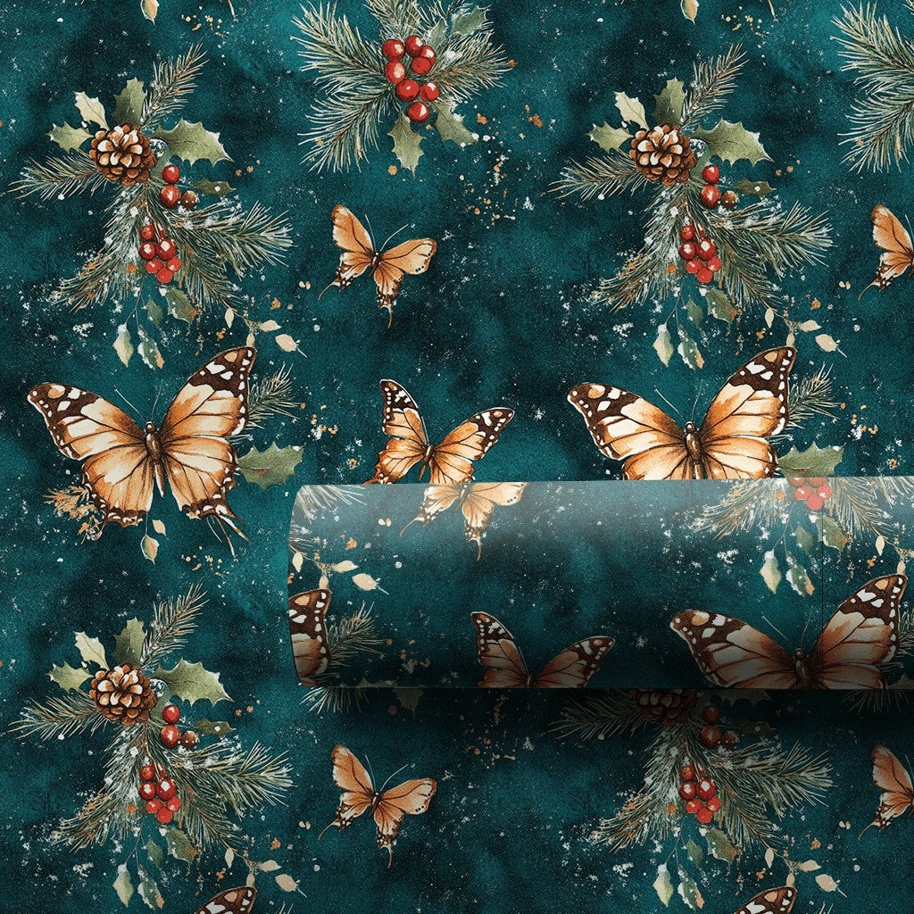 Orange Monarch Botanical Holiday Gift Wrap, Butterfly Holly Christmas Wrapping Paper, Teal Winter Foliage Wrapping Paper, Nat