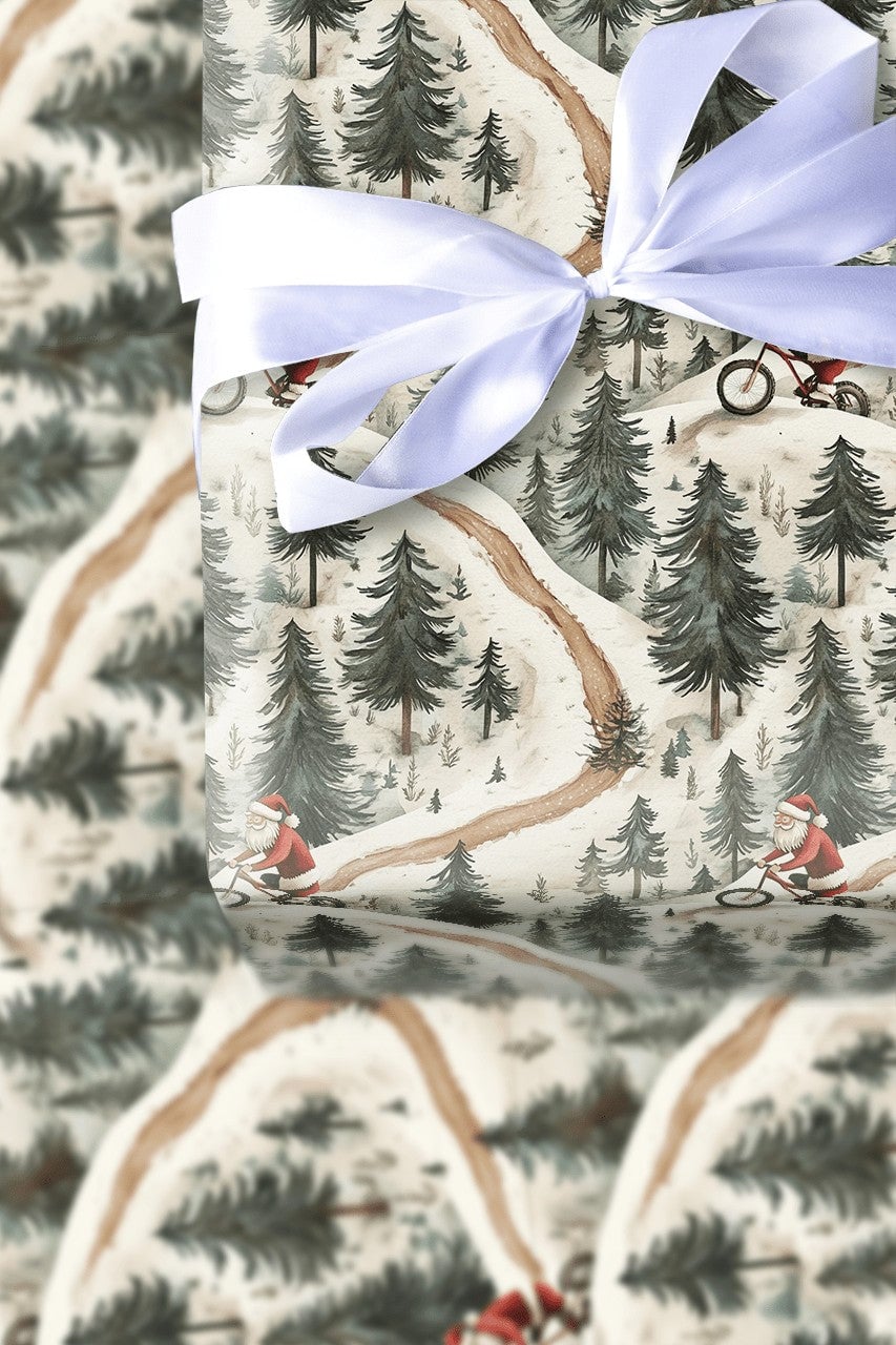 MTB Christmas Gift Wrap, Mountain Biking Santa Wrapping Paper, Snowy Forest Bike Holiday Wrapping Paper, Winter Sports Santa 