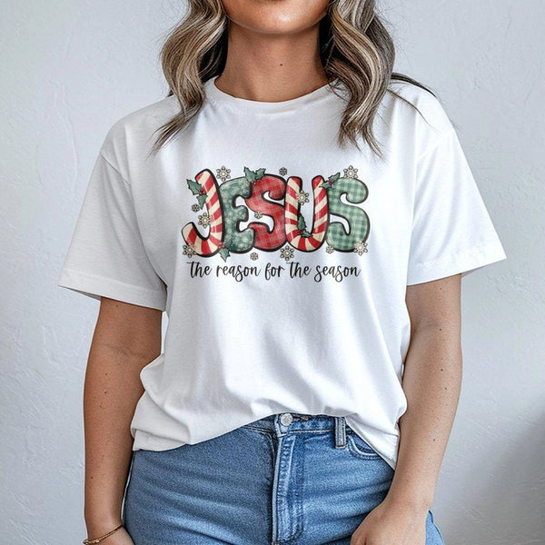 Plaid Candy Cane Christmas Shirt, Jesus the Reason for the Season T-Shirt, Christian Holiday Graphic Tee, Religious Faith Xma