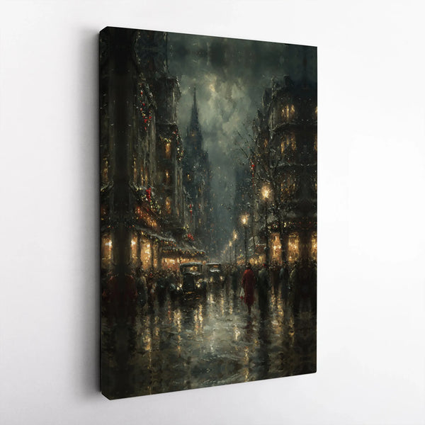 Moody Dark Academia Canvas Art, Vintage Christmas City Canvas Print, Snowy Winter Street Canvas, Holiday Wall Decor, Winter S