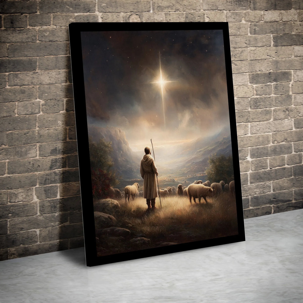 Holy Night Christian Canvas Wall Art, Nativity Shepherd Under Star of Bethlehem Canvas Print, Religious Christmas Manger Wall