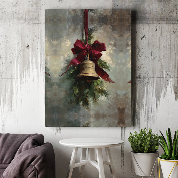 Red Bow Pine Branch Canvas Print, Vintage Christmas Bell Canvas Art, Holiday Wall Decor, Winter Painting Wall Art Canvas