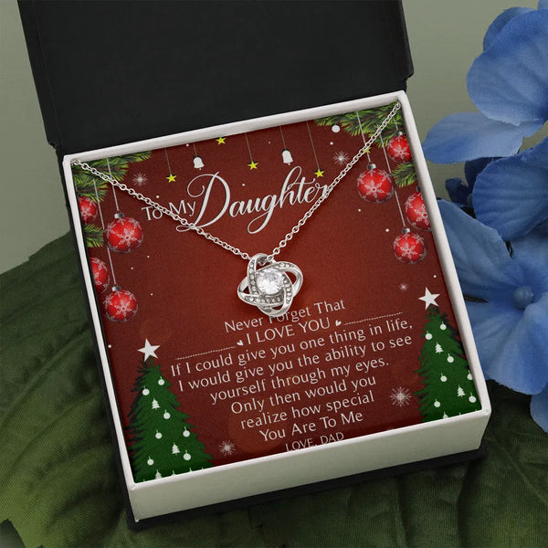 Christmas Message Card Necklace, Daughter Love Knot Necklace from Dad, 14k White Gold Finish Pendant Necklace, Holiday Presen