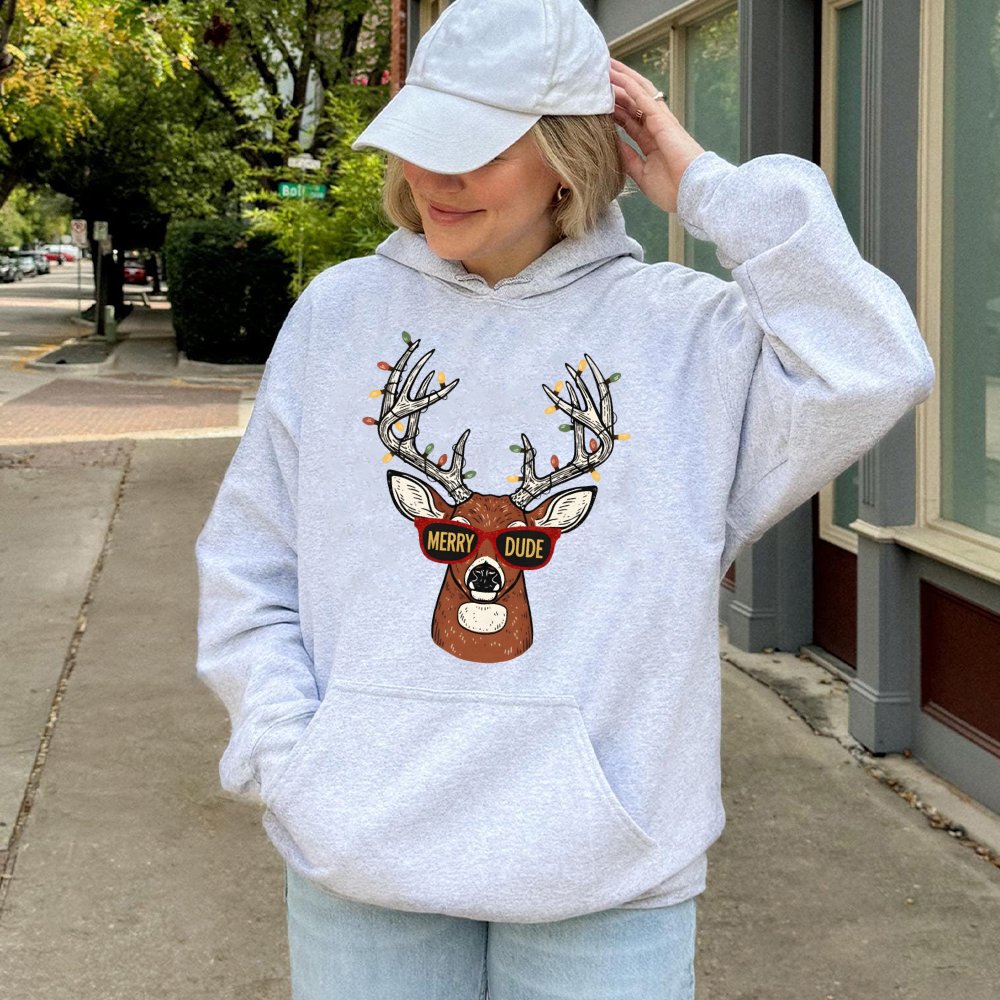 Humorous Christmas Deer Hoodie, Merry Dude Reindeer Hoodie, Xmas Lights Reindeer Graphic Hoodie, Holiday Season Pullover, Win