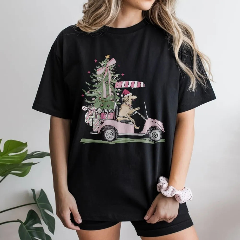 Golf Cart Holiday Dog Shirt, Christmas Golden Retriever T-Shirt, Adorable Xmas Retriever Graphic Tee, Humorous Dog Lover Shir