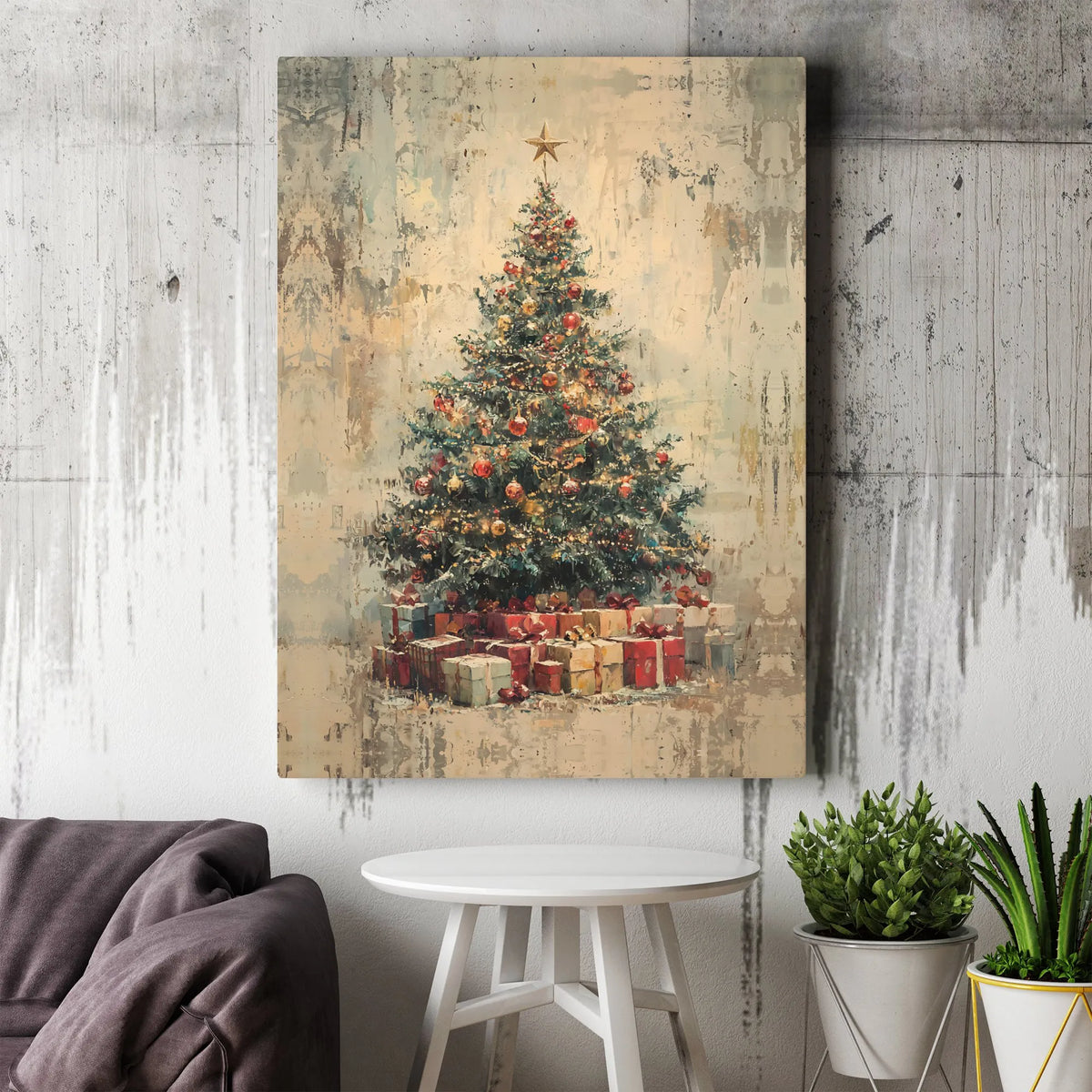 Vintage Tree with Wrapped Presents Print, Rustic Christmas Tree Wall Art, Comfy Holiday Art Poster, Seasonal Digital Download