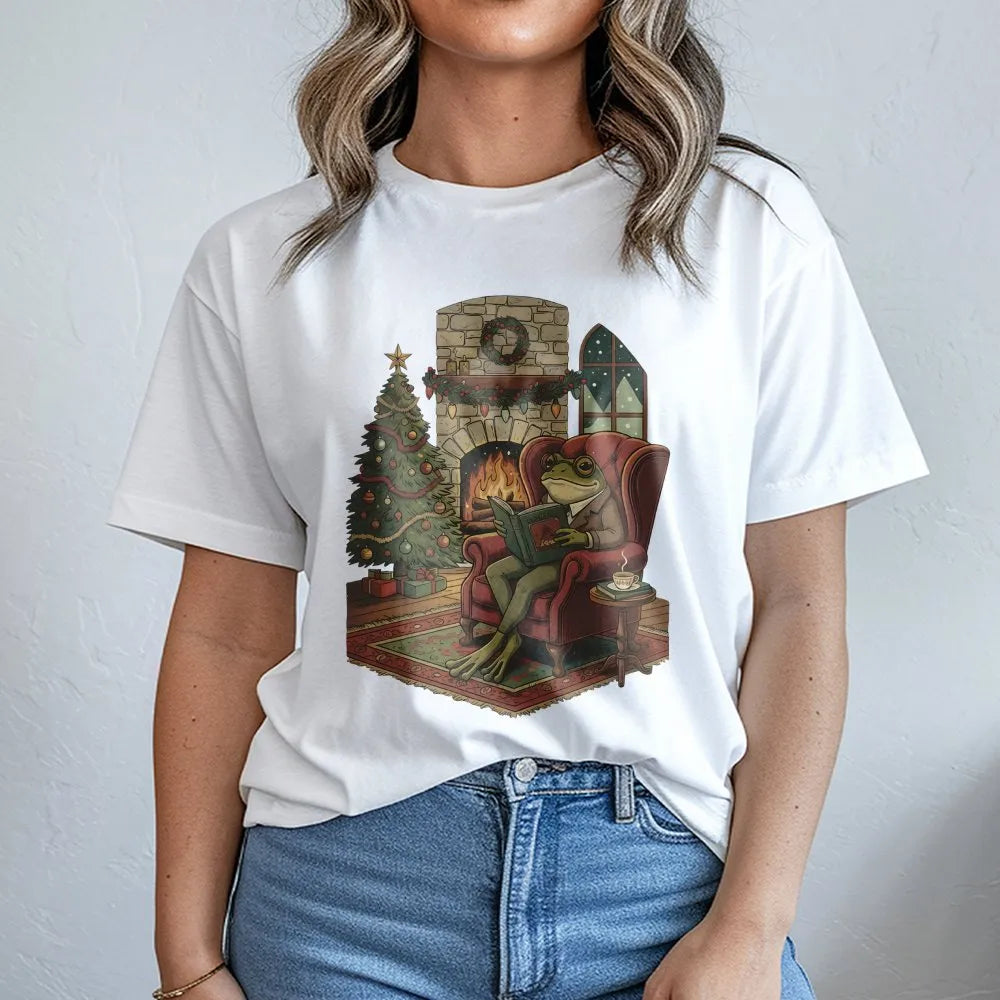 Adorable Toad Bookworm Shirt, Comfy Christmas Frog Reading Book T-Shirt, Book Lover Holiday Graphic Tee, Reader Christmas Gra