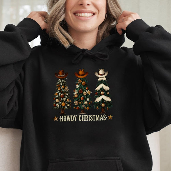 Howdy Christmas Cowboy Hat Sweatshirt, Western Christmas Tree Hoodie, Retro Cowgirl Holiday Pullover, Country Xmas Present fo