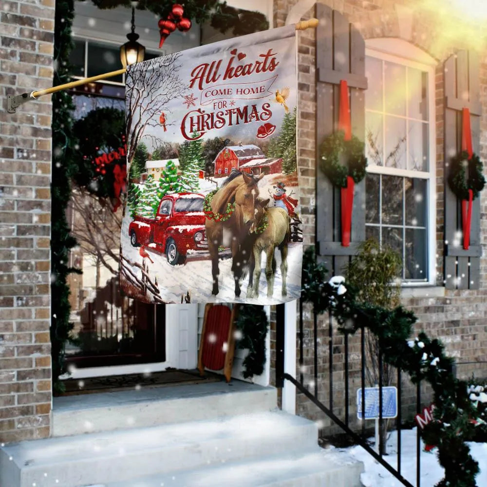 Red Truck Winter Horse Yard Flag, All Hearts Come Home for Christmas Garden Flag, Double-Sided Holiday Farmhouse Lawn Flag, X