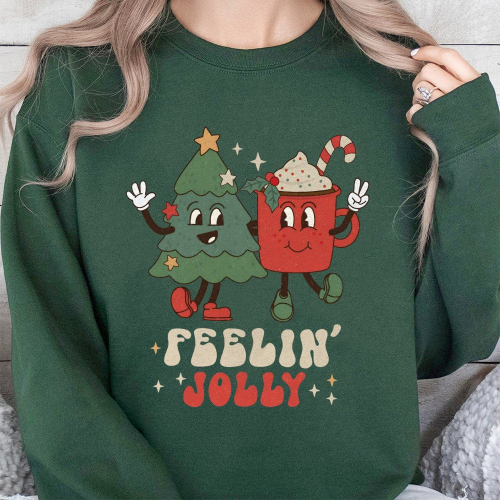 Retro Holiday Tree Sweatshirt, Feelin' Jolly Christmas Sweatshirt, Adorable Hot Cocoa Graphic Crewneck, Vintage Christmas Swe