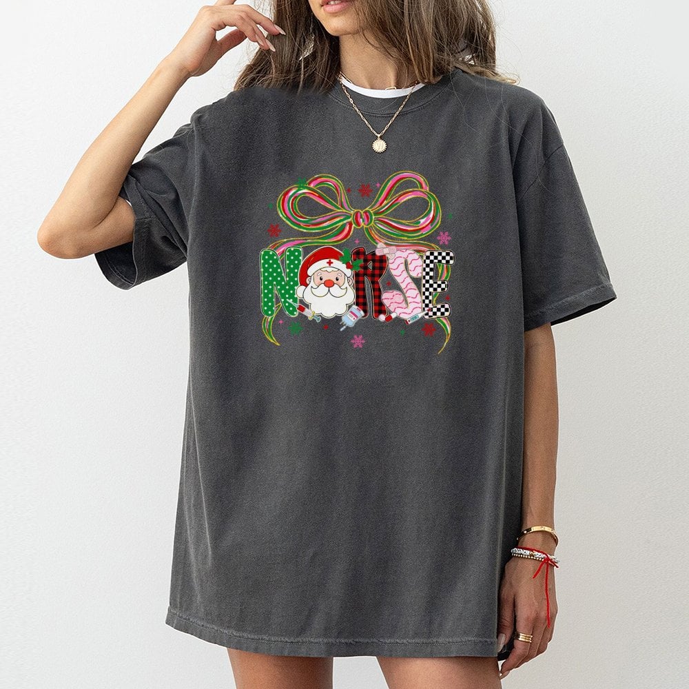 Santa Coquette Bow Medical Tee, Christmas Nurse T-Shirt, Adorable Holiday Nurse Shirt, Festive Healthcare Worker T-Shirt, Nur