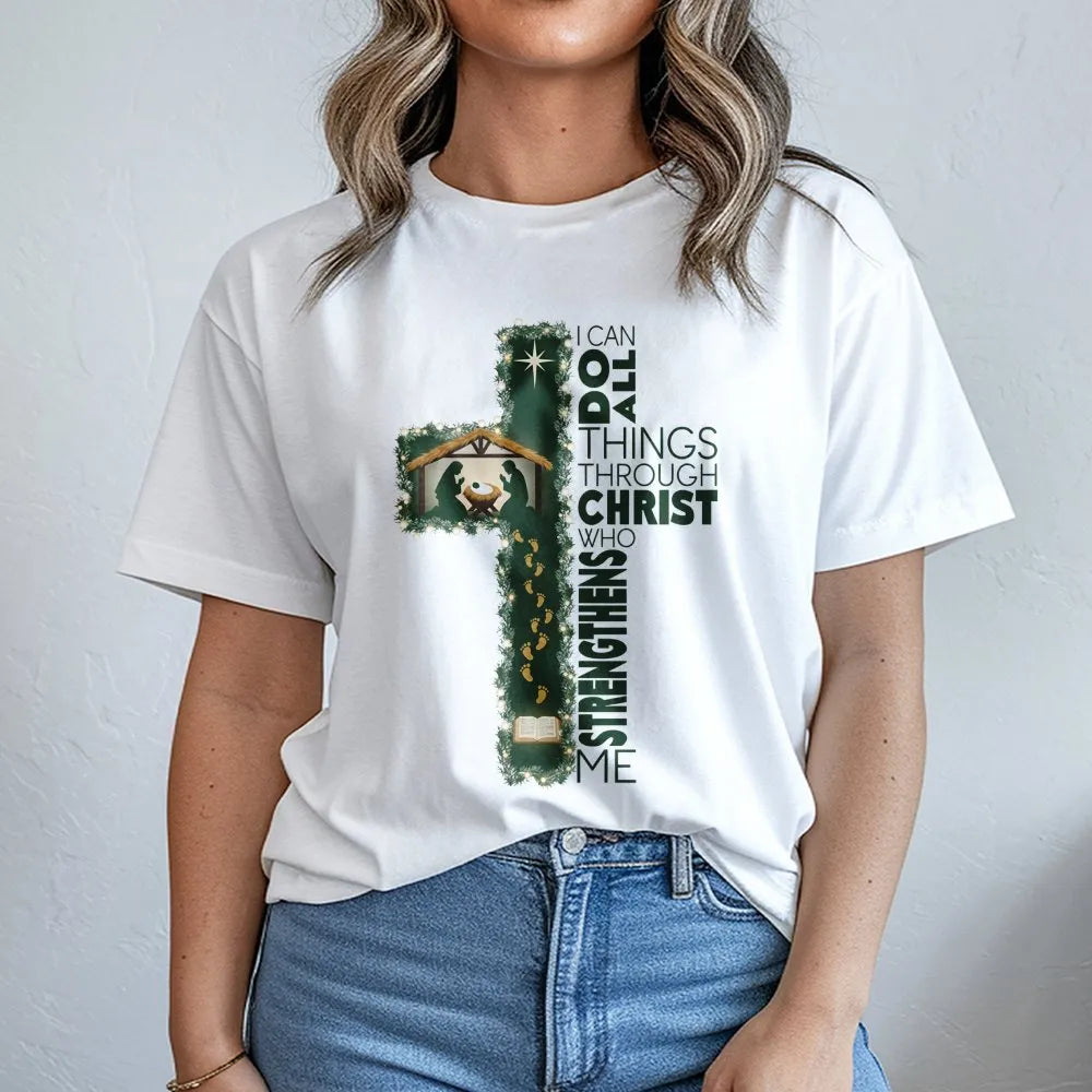 Nativity Cross Christmas Shirt, I Can Do All Things Through Christ T-Shirt, Christian Faith Graphic Tee, Religious Bible Vers
