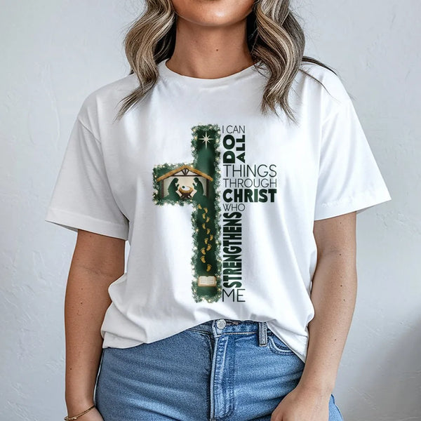 Nativity Cross Christmas Shirt, I Can Do All Things Through Christ T-Shirt, Christian Faith Graphic Tee, Religious Bible Vers