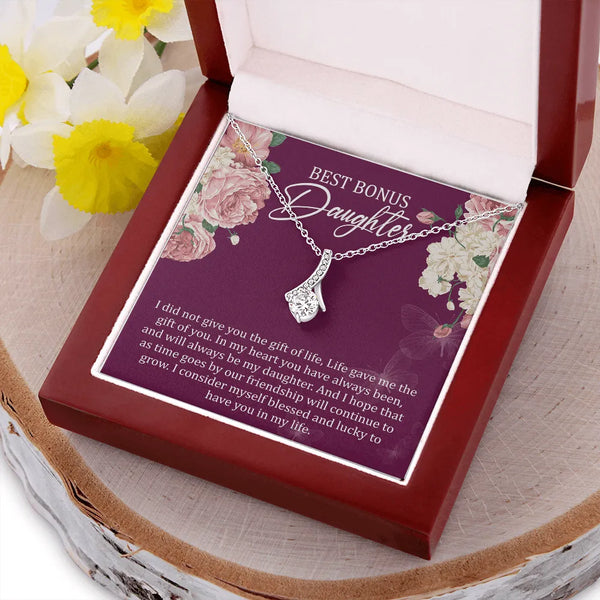 14k White Gold Over Stainless Steel Forever Love Pendant, Bonus Daughter Ribbon Necklace, Stepdaughter Birthday Christmas Jew