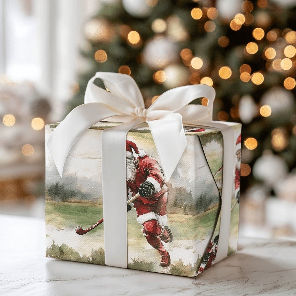 Ice Skating Santa Holiday Gift Wrap, Hockey Santa Christmas Wrapping Paper, Sports Christmas Wrapping Paper, Ice Hockey Playe