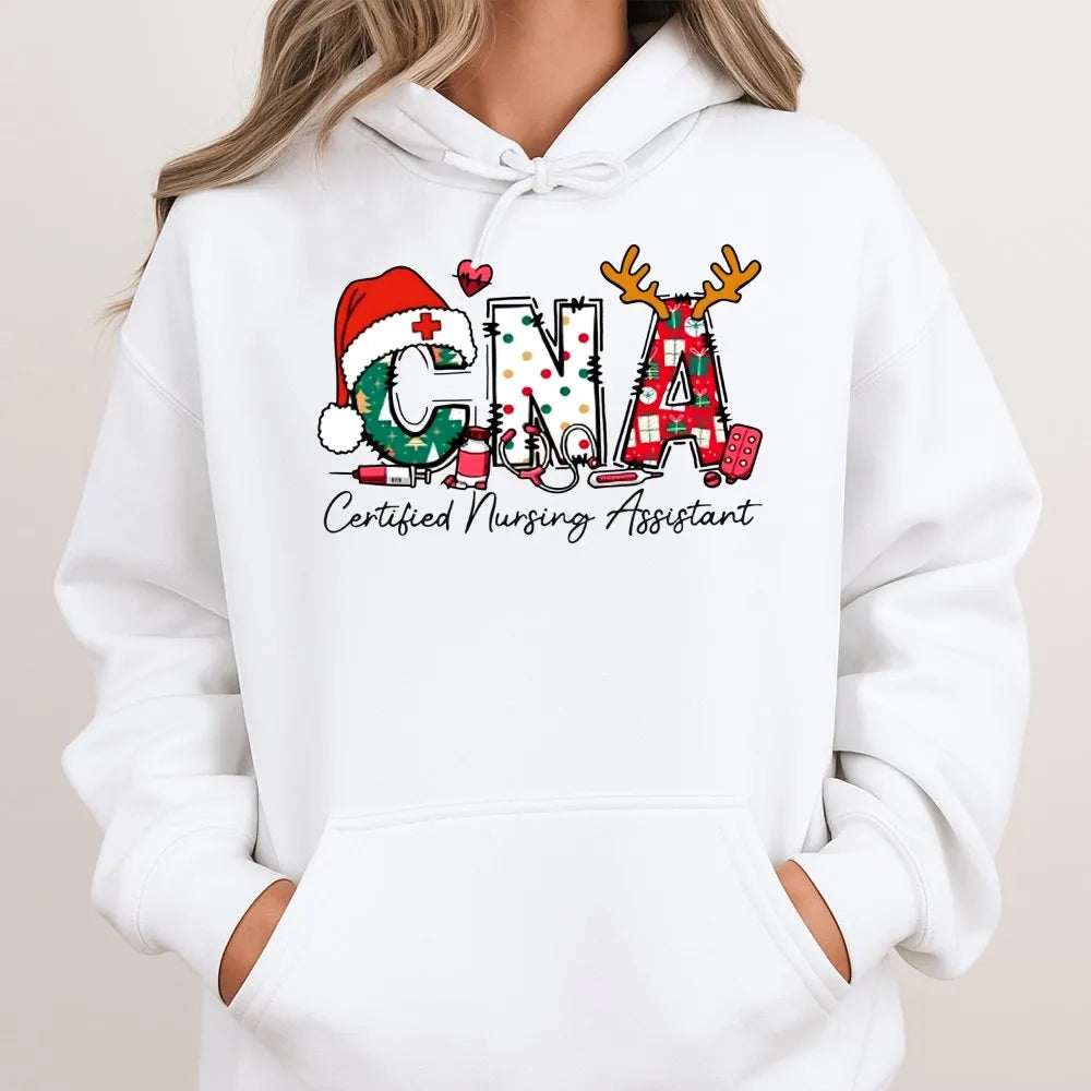 Certified Nursing Assistant Holiday Hoodie, CNA Christmas Hoodie, Nurse Xmas Sweatshirt, Medical Healthcare Pullover Hoodie P