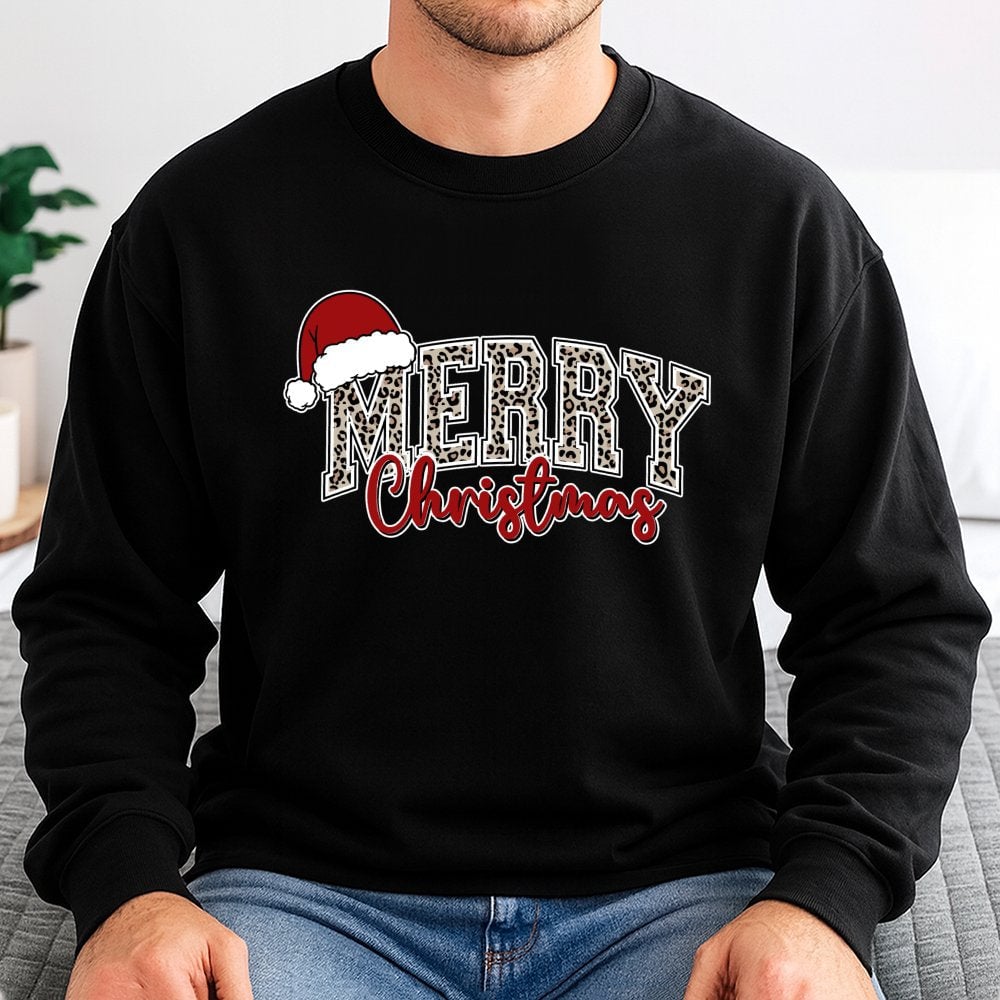 Retro Holiday Santa Hat Crewneck, Merry Christmas Leopard Print Sweatshirt, Leopard Christmas Pullover Sweater, Winter Holida