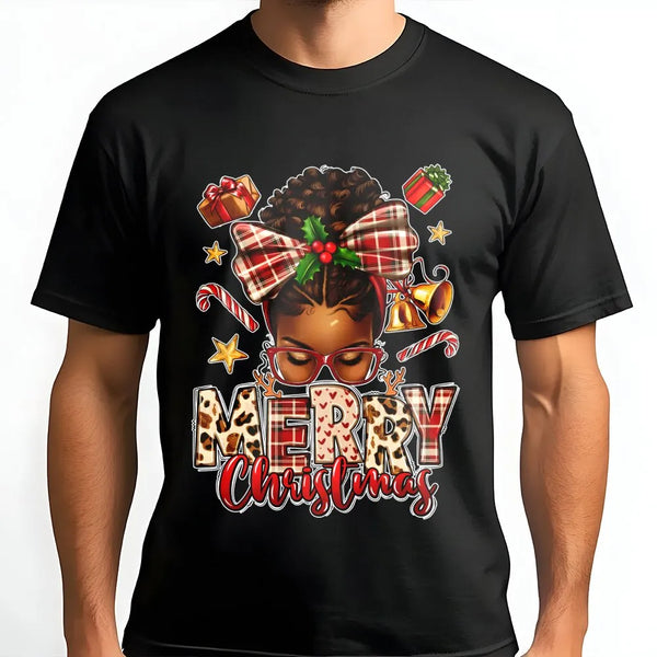 Afrocentric Holiday Woman T-Shirt, African American Merry Christmas T-Shirt, Melanin Queen Xmas Graphic Tee, Festive Black Ho