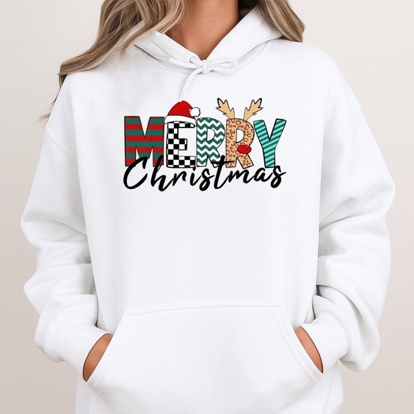 Leopard Plaid Santa Hat Reindeer Hoodie, Merry Christmas Hoodie, Festive Holiday Hooded Sweatshirt, Winter Christmas Reindeer