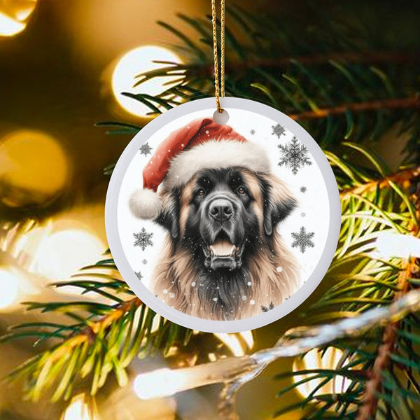 Santa Hat Puppy Holiday Ornament, Leonberger Dog Christmas Ornament, White Ceramic Tree Ornament, Dog Lover Keepsake, Festive